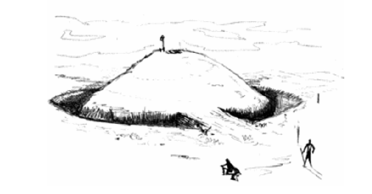 Реконструкция памятника - холм и ров вокруг него, вход в колодец наверху.