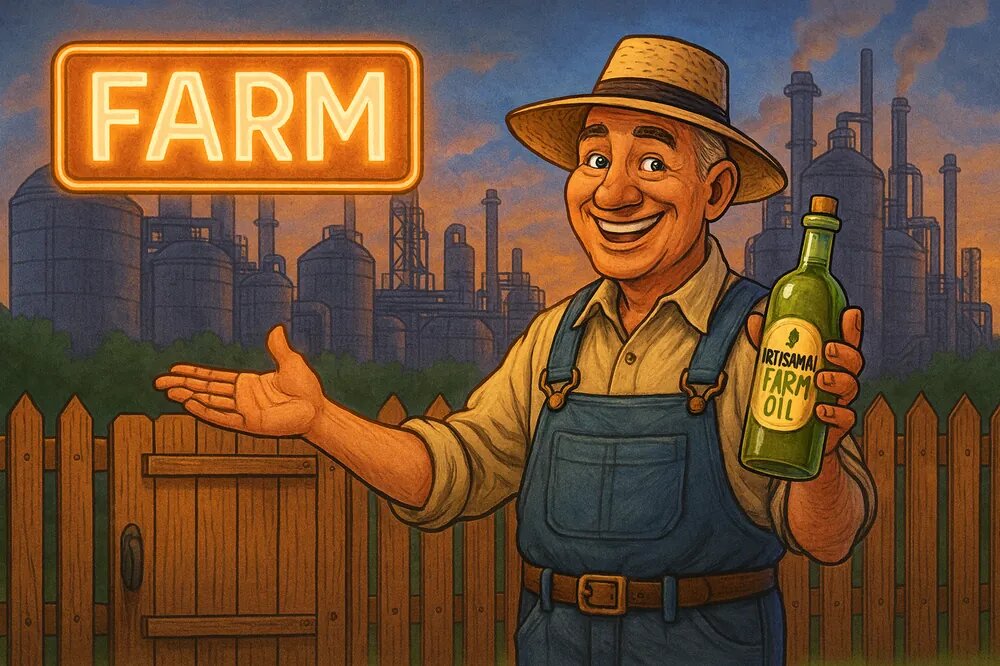 Улыбающийся фермер в соломенной шляпе держит бутылку «фермерского масла» и приветственно жестом приглашает на «ферму», надпись которой выполнена в виде яркой неоновой вывески; за деревянным забором виднеется крупный индустриальный комплекс, создавая сатирический контраст между образом фермы и реальностью производства.