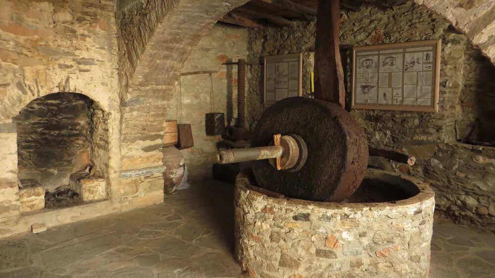 Старинная оливковая маслобойня с каменными жерновами и прессом внутри старого каменного помещения — пример традиционного «фермерского» способа производства оливкового масла.