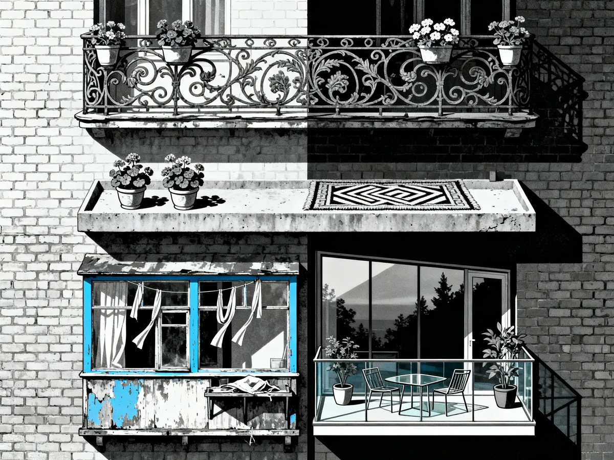 Четыре лица одной стены. От ажурной витрины до бетонной кладовки — эволюция нашего жилья в одном фасадном разрезе.