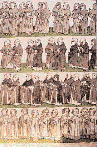 В Средние века одеяния монахов и служителей церкви преимущественно изготавливались из тканей четырех цветов: черного, белого, серого и коричневого. Изначально эти цвета несли глубокий символический смысл, олицетворяя такие добродетели, как строгость, чистота, скромность и сдержанность, однако со временем их значение стало более условным.
Миниатюра из рукописи «Хроники Констанцкого собора» Ульриха Рихенталя, ок. 1460. Констанция, Росгартенмузей, ст. 1, фол. 50.