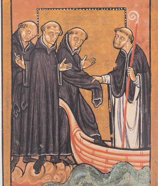 Миниатюра из английской рукописи «Жития Святого Катберта» 
Беды Достопочтенного, около 1180-85 гг. Лондон, Британская библиотека, г-жа Йейтс Томпсон 26, фолио 71 verso.