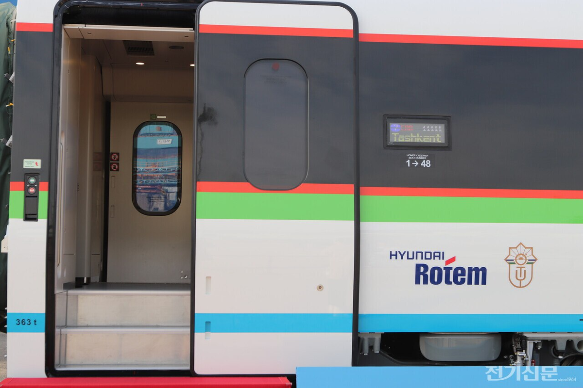 Входные двери в высокоскоростном поезде производства Hyundai Rotem для Узбекистана. Источник: 전기신문