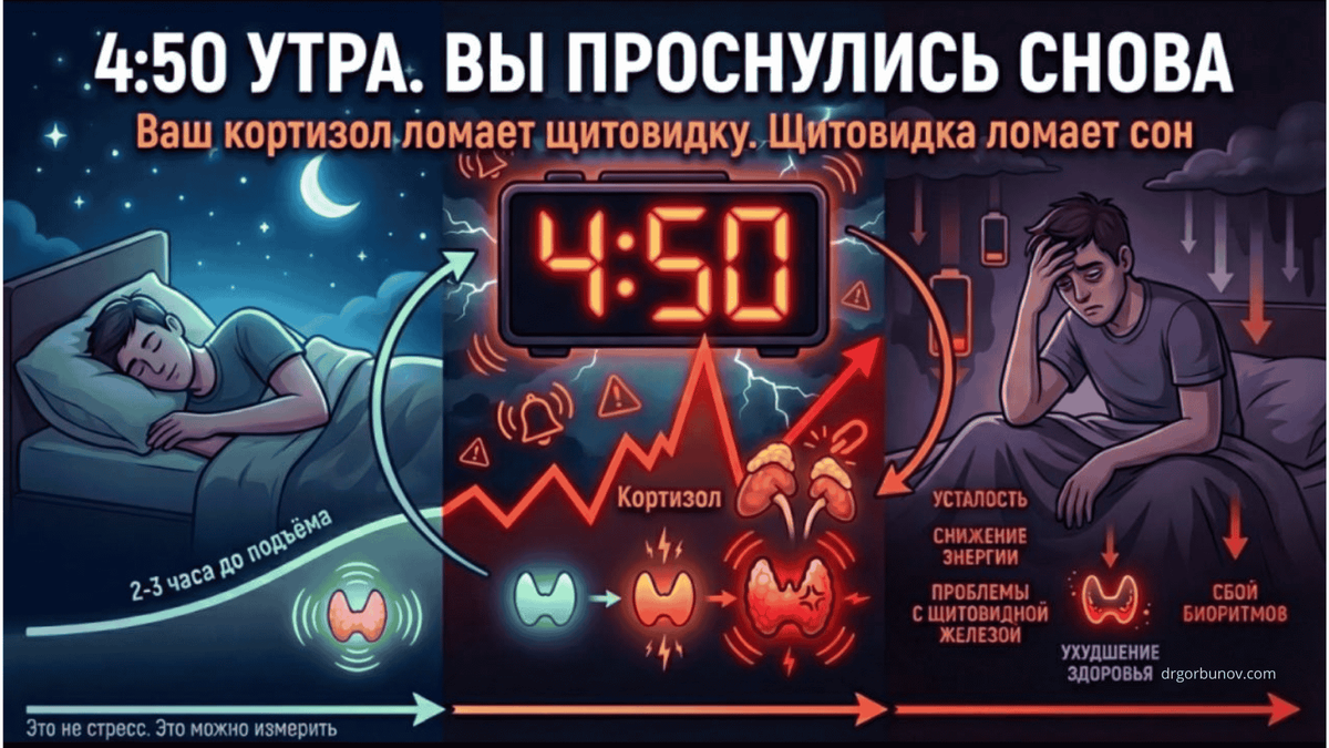 Почему вы просыпаетесь в 4:50 утра без будильника и чувствуете себя разбитым? Инфографика показывает связь между нарушенным кортизолом, щитовидной железой и ранними пробуждениями. Это не стресс — это гормональный сбой, который можно измерить и исправить