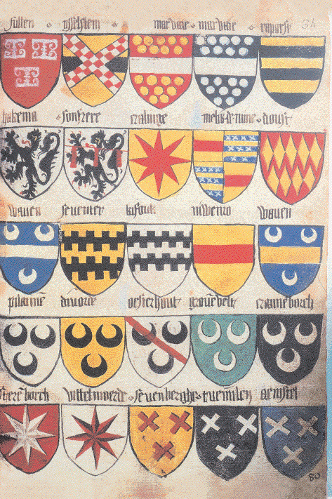 Геральдические цвета
В средневековой геральдике применялся ограниченный набор из шести "основных" цветов, признанных в западной культуре: белый, желтый, красный, черный, синий и зеленый. Эти цвета считались абсолютными, и их вариации не допускались. Вместо этого, строго регламентировались комбинации этих цветов. Черный, известный во французской геральдике как "соболь", не являлся ни наиболее распространенным (красный), ни самым редким (зеленый) цветом. Его присутствие отмечалось примерно в 20-25% европейских гербов.
Арсенал Европы и Золотое руно, ок. 1434-35. Париж, Bibliothèque de l'Arsenal, ms. 4790, фол. 34 (голландские гербы).