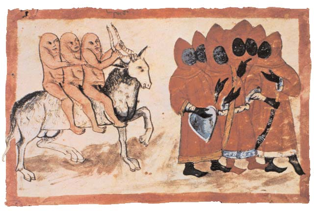 Испытуемые антихриста 
На протяжении многих веков Средневековье было охвачено верой в существование диковинных и устрашающих племен, обитающих на окраинах познанного мира, у самого края безбрежного океана. Среди них встречались одноглазые или одноногие существа, те, кто бродил нагим, поклоняясь исполинскому козлу, и те, чья кожа, опаленная солнцем, служила знаком их вассальной зависимости от Антихриста.
Миниатюра из баварской рукописи Чудеса Востока, середина XV века. Берлин, Staatsbibliothek, Cod. Герман. Фол. 733, фол. 4.