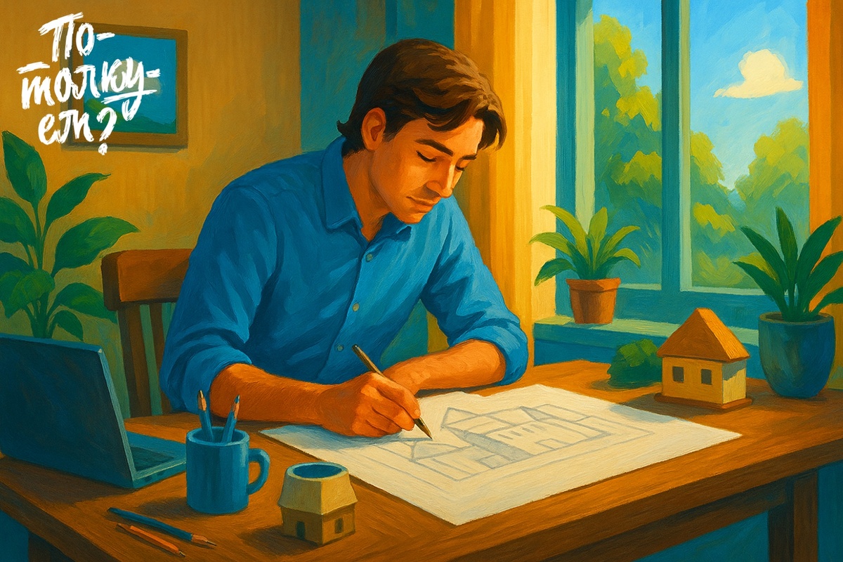 Мужчина сидит за столом в светлой комнате и рисует эскиз здания
