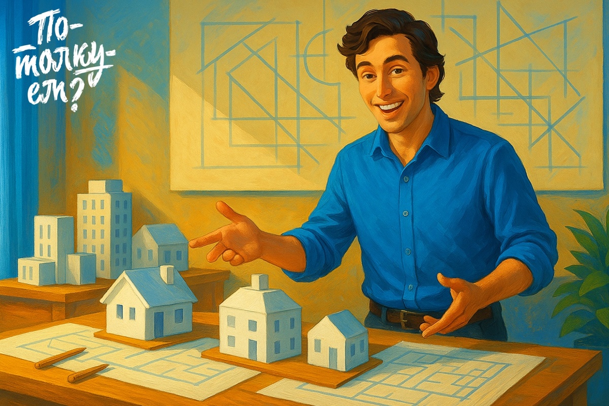 Мужчина стоит у стола с макетами домов и показывает на один из них