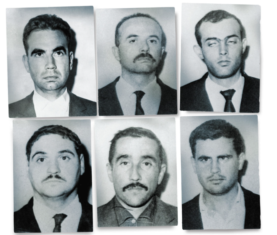 Верхний ряд, слева направо: Жан-Мари Бастьен-Тири, Альфонс Константин и Этьен Дюкасс. Нижний ряд, слева направо: Жак-Шарль Прево, Ален де Бугрене де ла Токнай и Пьер-Анри Магаде. Фото: Getty Images