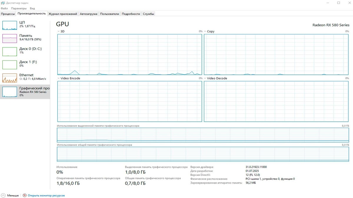 Все нужные показатели, включая информацию о видеокарте, находятся во вкладке «Производительность»