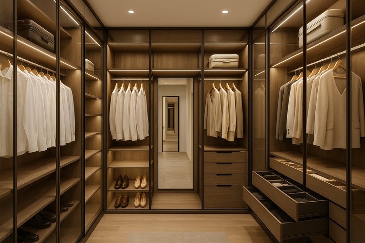 Гардеробная премиум: бронзовое стекло и идеальный порядок