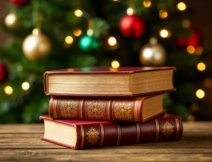 Книги на фоне новогодней ёлки