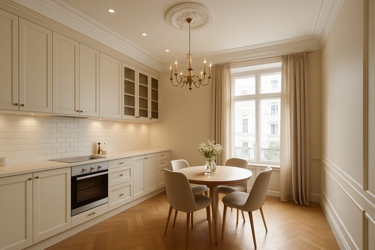 Кухня‑столовая в классике: карнизы, фрамуги и светлая палитра