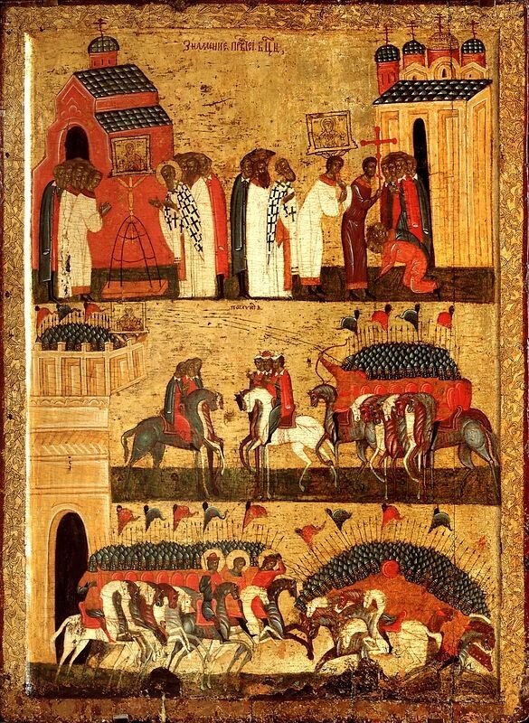 Чудо от иконы Божией Матери "Знамение" (Битва суздальцев с новгородцами). 15 век. Изображение из открытых источников.