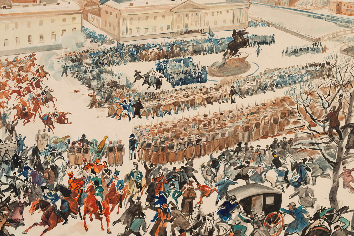    Эскиз, 1920 год. «Восстание декабристов на Сенатской площади в Санкт-Петербурге», Рудольф Френц (1888). Фото: Виртуальный Русский музей