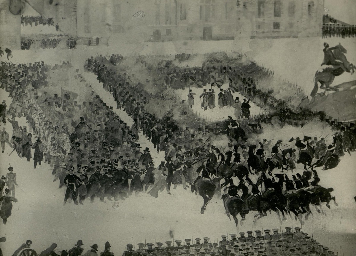    «Восстание декабристов на Сенатской площади в Санкт-Петербурге», конец XIX века, Рудольф Френц. Фотография сделана в начале XX века. Фото: сайт «Государственный Эрмитаж»