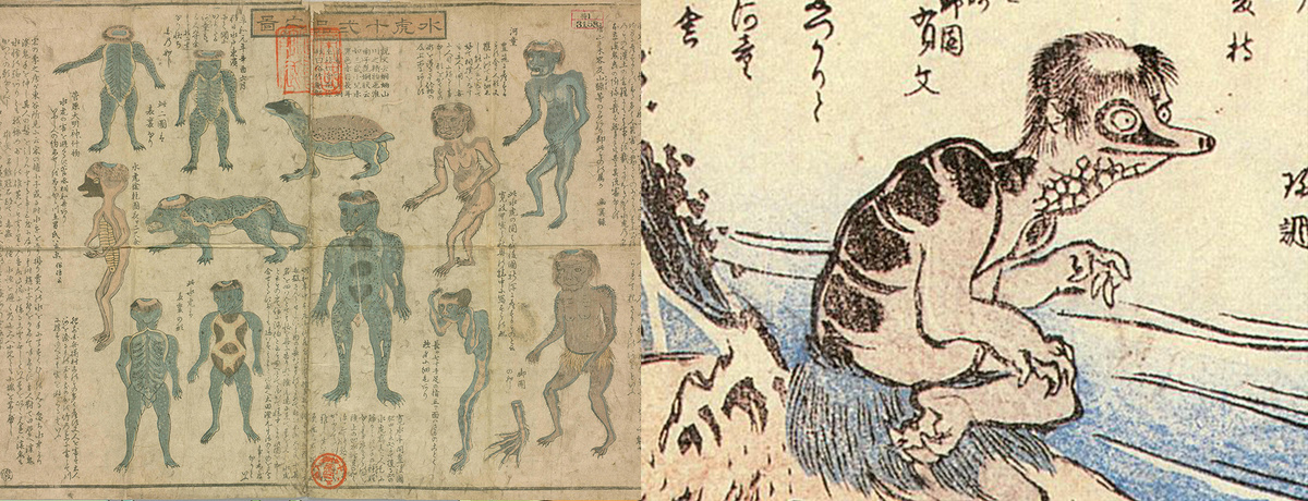 Слева: Каппы всех мастей и размеров. «Иллюстрированный справочник по 12 типам каппы», художник Дзюнтаку, ~1850 год. Справа: иллюстрация из книги Kyōka Hyaku-monogatari. Источник: Wikimedia Commons (Public Domain)