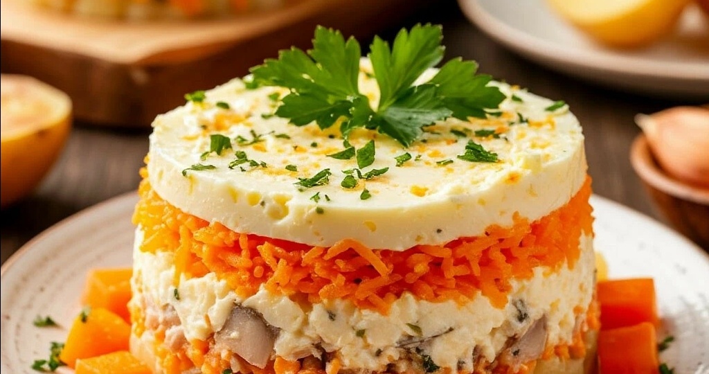 Салат мимоза, с рыбными консервами, классический рецепт, с сыром и яйцом, картошкой, морковью и луком.