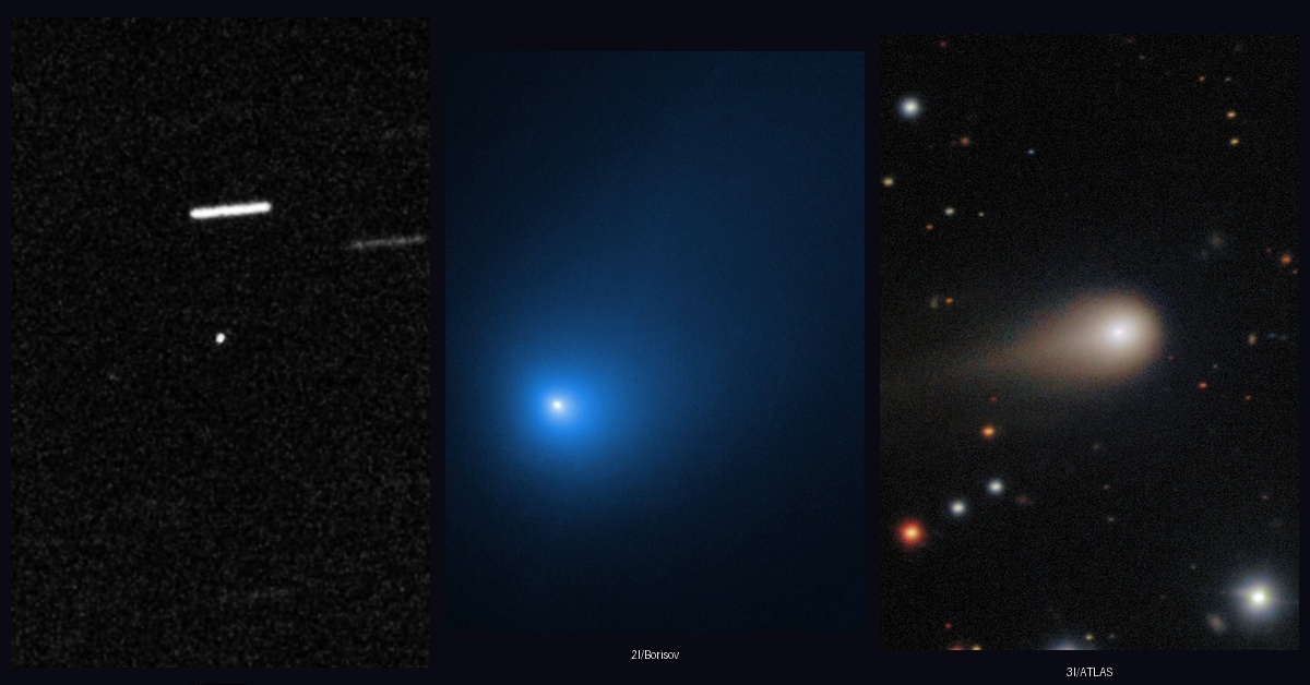 Слева направо 1I/Оумуамуа, 2I/Borisov, 3I/ATLAS