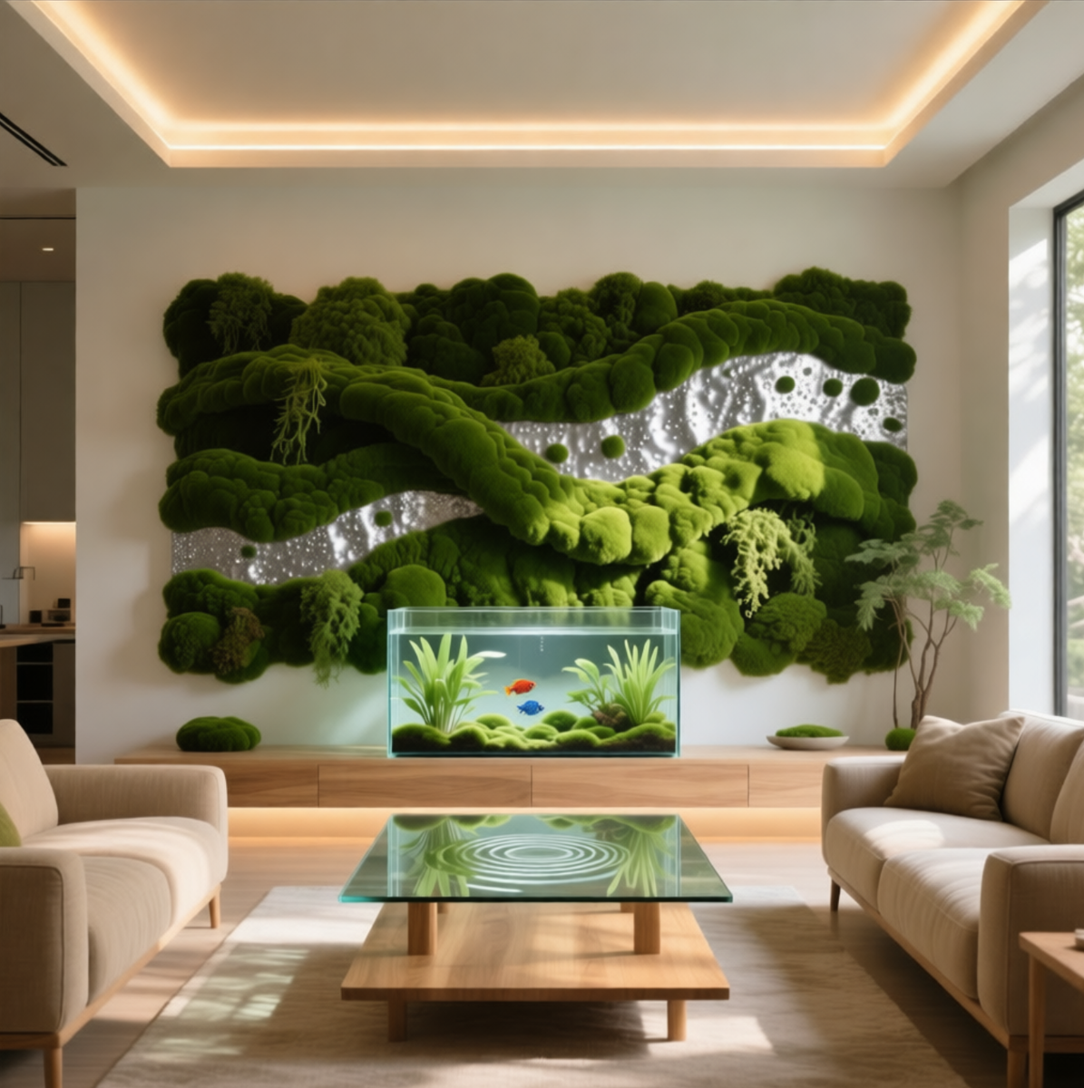 Гостиная биофильный дизайн, панно из мха, аквариум, текстиль натуральных цветов