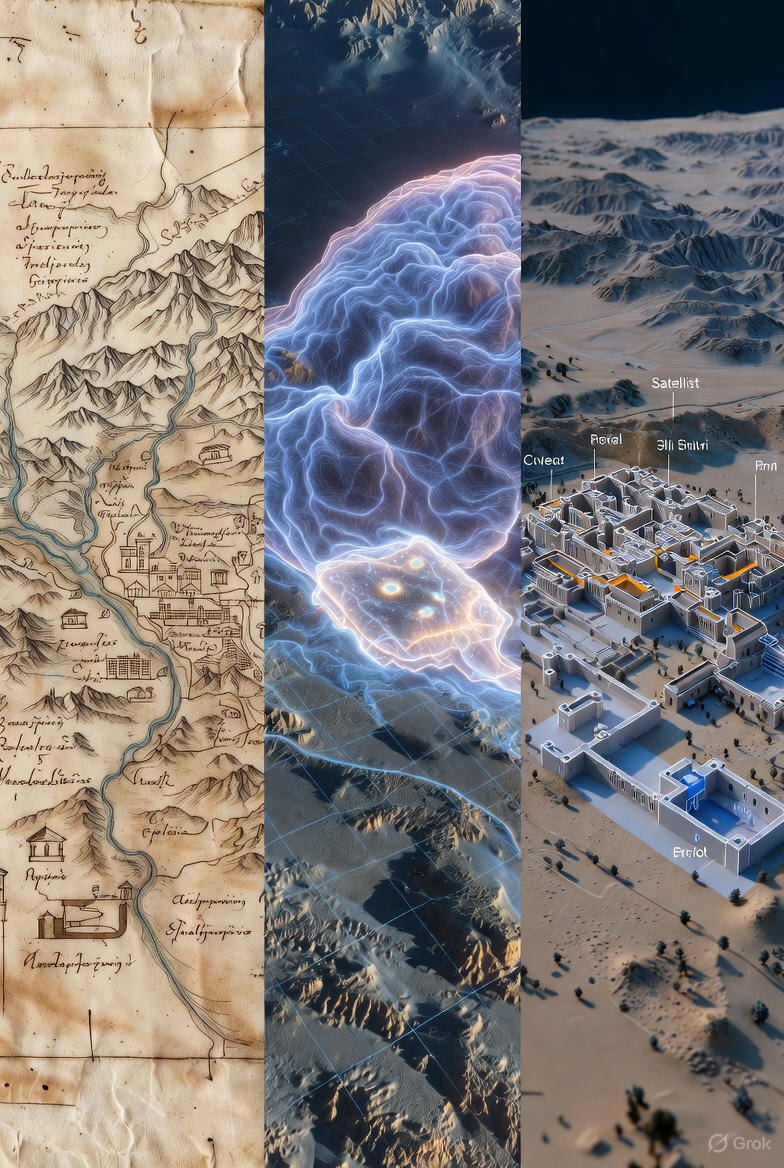 Слева — старинная рукописная карта с рисунками гор и рек. В центре — современный спутниковый снимок, на который наложена полупрозрачная сияющая сеть нейронов. Справа — результат: четкая 3D-реконструкция древнего поселения с подписанными контурами фундаментов.