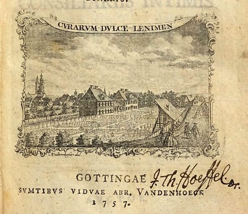 Титульная страница с внешним видом Ботанического сада Гёттингенского университета в каталоге «Catalogus Plantarum Horti Academici Et Agri Gottingensis».