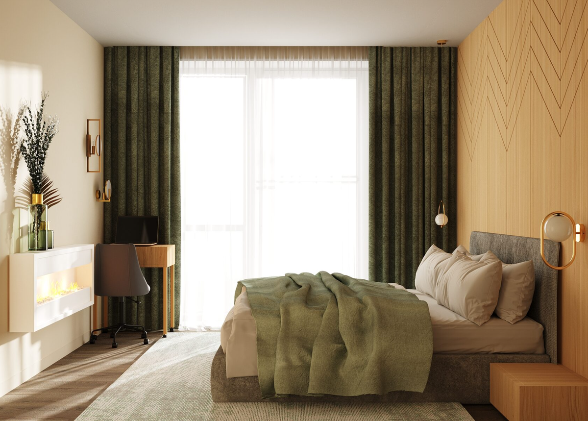 нейтральный цвет стен, деревянные панели, биокамин