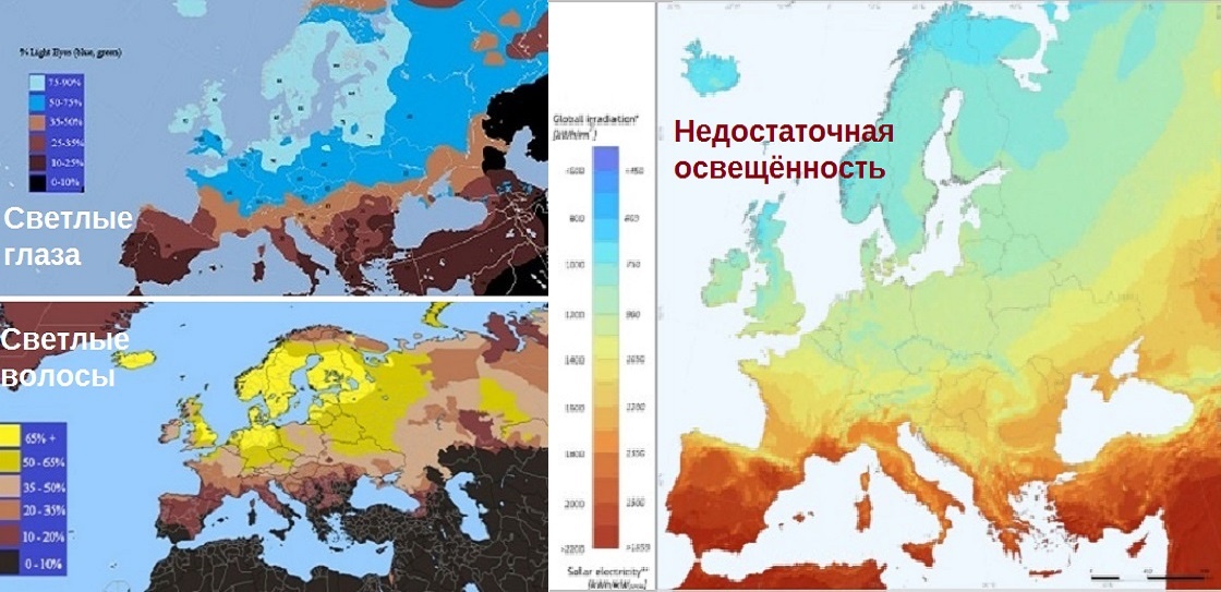 МЫ-ТО ПРИВЫКЛИ.. На этих картах хорошо видна связь депигментации европейцев с нехваткой освещённости в Европе. (Яндекс Картинки)