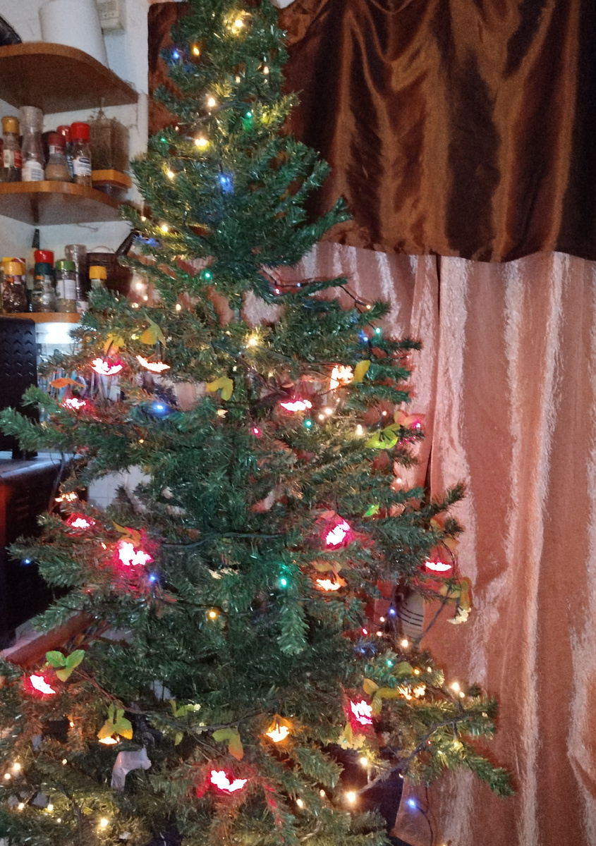 Фото автора. Ёлка в прошлом году. Фотографию делала вообще без ёлочных игрушек, только с гирляндами. Потом туда всё же попало полтора десятка оставшихся ёлочных шаров.