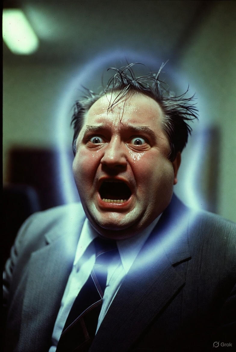 "Перепуганный до смерти большой чиновник, возмездие системе", иллюстрация создана сетью Грок