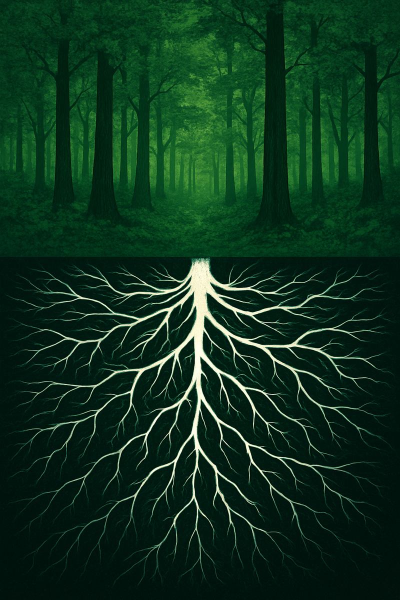 Контрастное изображение: сверху — зелёный лес, снизу — схематичная иллюминация белой паутины грибницы среди корней деревьев
