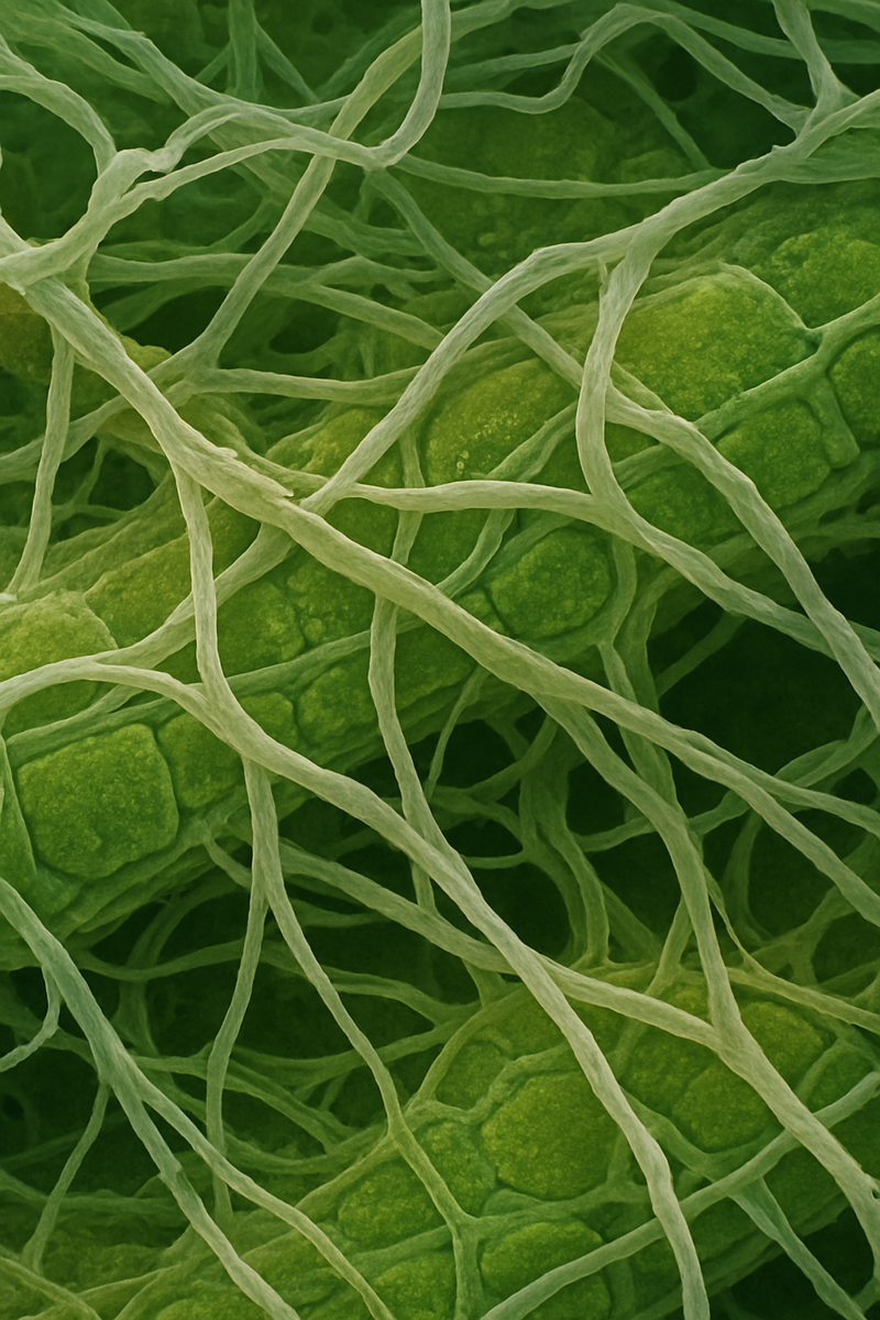 Крупный план — микрофотография микоризы, где видно, как тонкие гифы гриба оплетают и проникают в клетки корня растения.