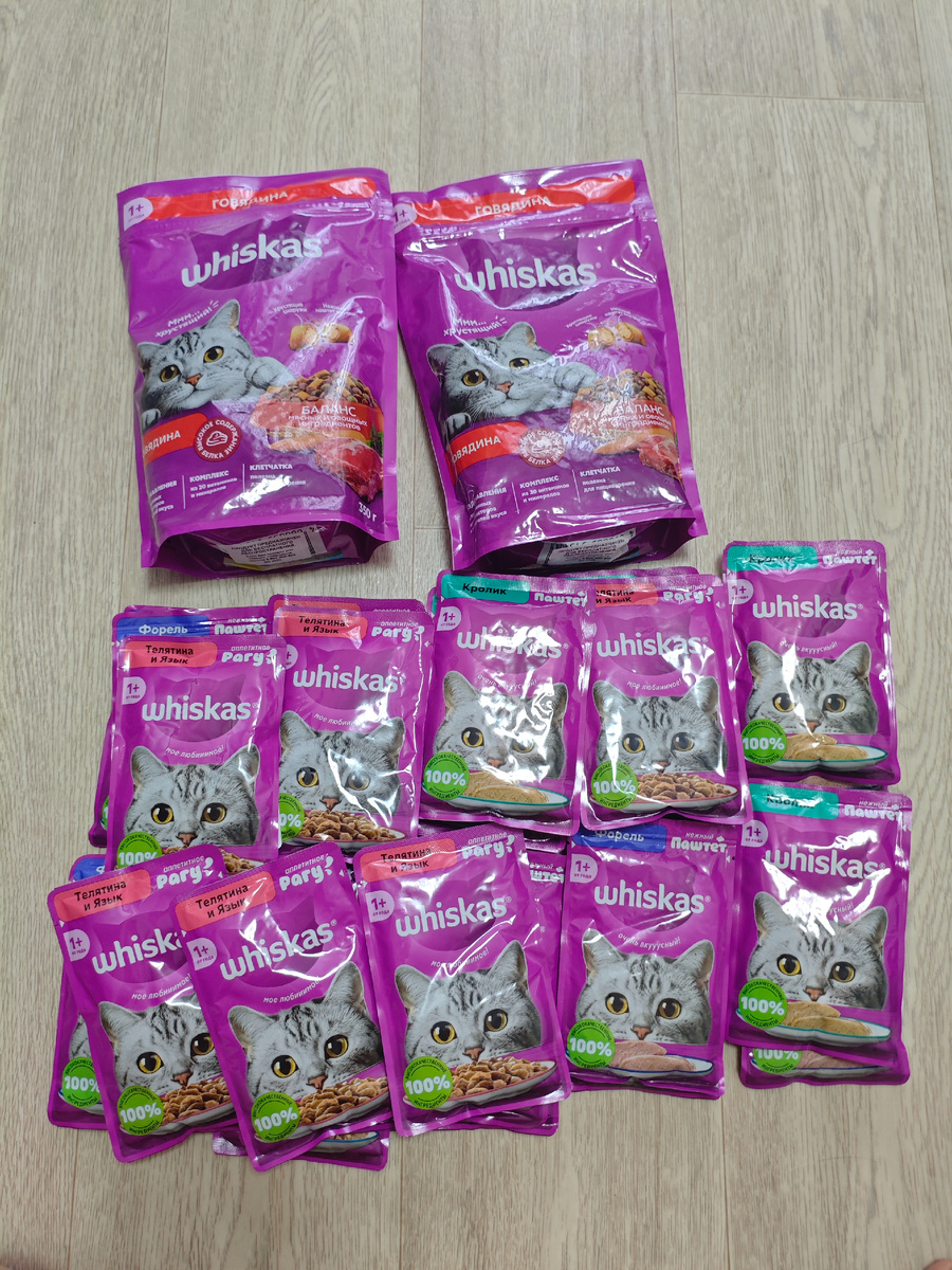 28 пачек мокрого корм и две пачки сухого.
