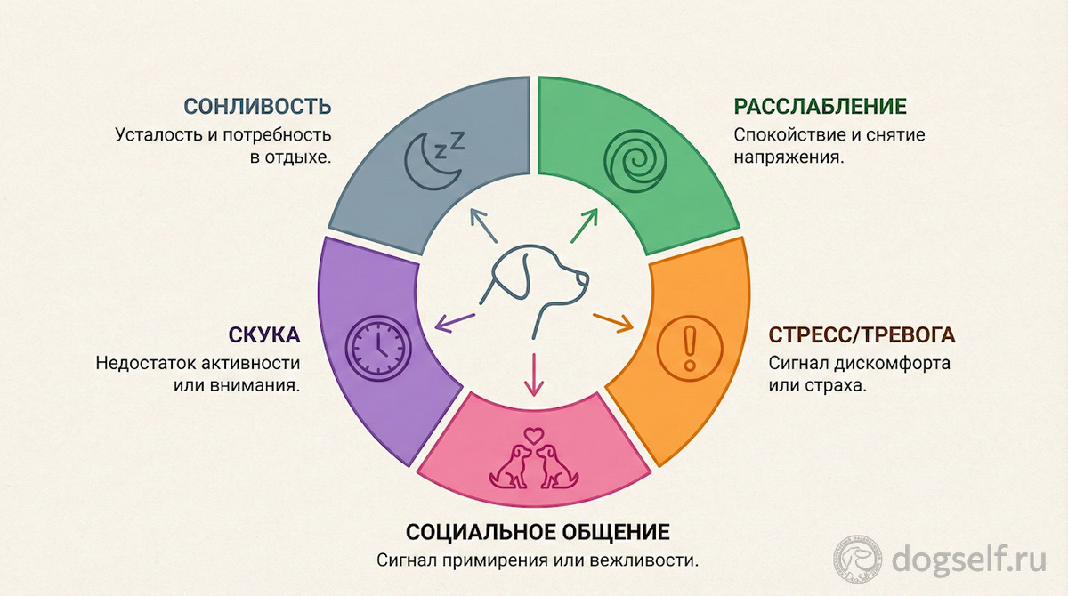 Не все зевания одинаковые. От сонливости до стресса – каждый тип зевания имеет свою причину и своё значение. Научитесь различать их, чтобы лучше понимать эмоциональное состояние вашей собаки. | Иллюстрация: DogSelf