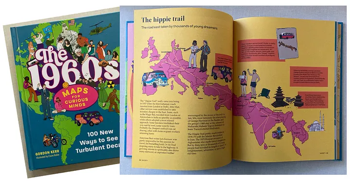 Слева: обложка книги. Справа: разворот книги о всемирном движении хиппи.