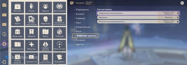    Иконка настроек игры + раздел учётной записи