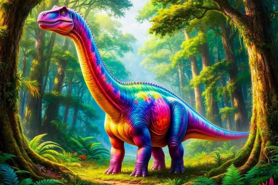     Точно сказать, были ли диплодоки разноцветными и щеголяли ли в цветах металлик, пока нельзя. Но теперь можно сказать, что это не исключено. Людмила Губаева/сгенерировано при помощи нейросети «Шедеврум»