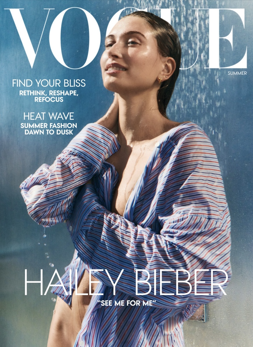 American VOGUE / June 2025. Хейли Бибер в рубашке Prada и серьге Tiffany & Co.