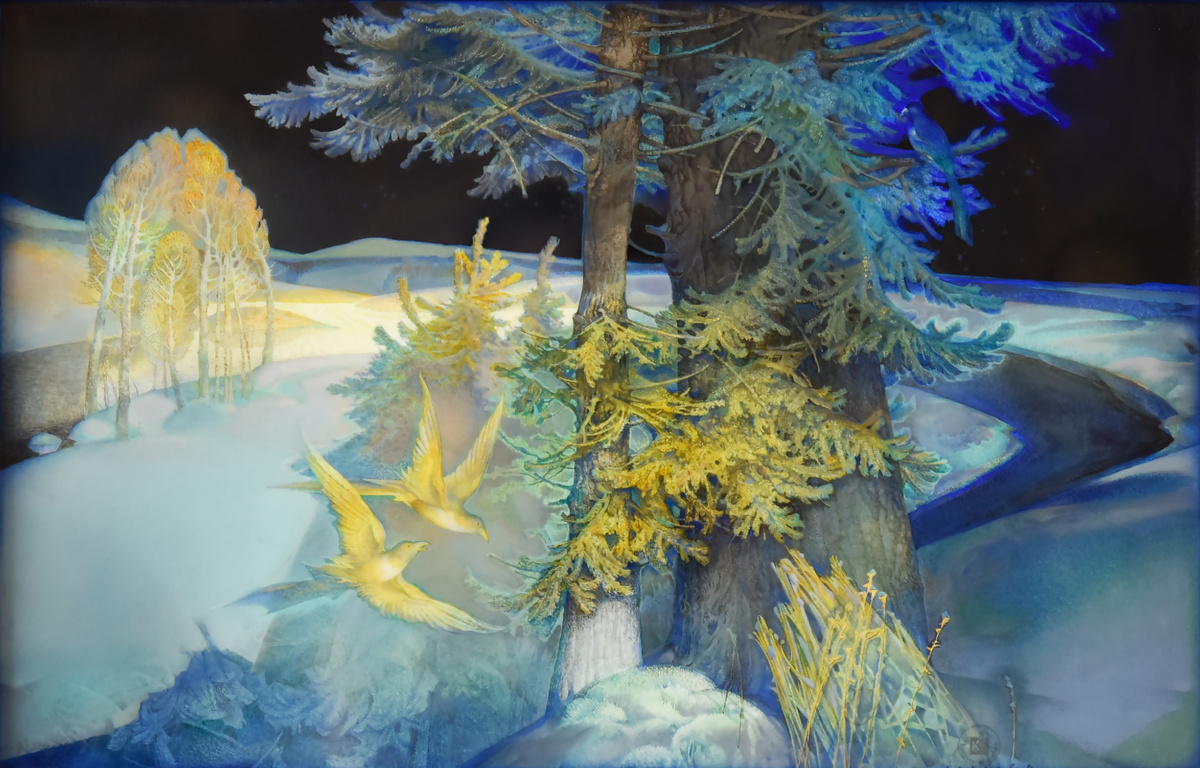 Козлов Александр Сергеевич (р. 1979). Панно «Родина». Федоскино. 2021 г. © Козлов Сергей Иванович. Работу можно увидеть на выставке «Лаки. Большая история в миниатюре: Федоскино, Палех, Мстёра и Холуй»
