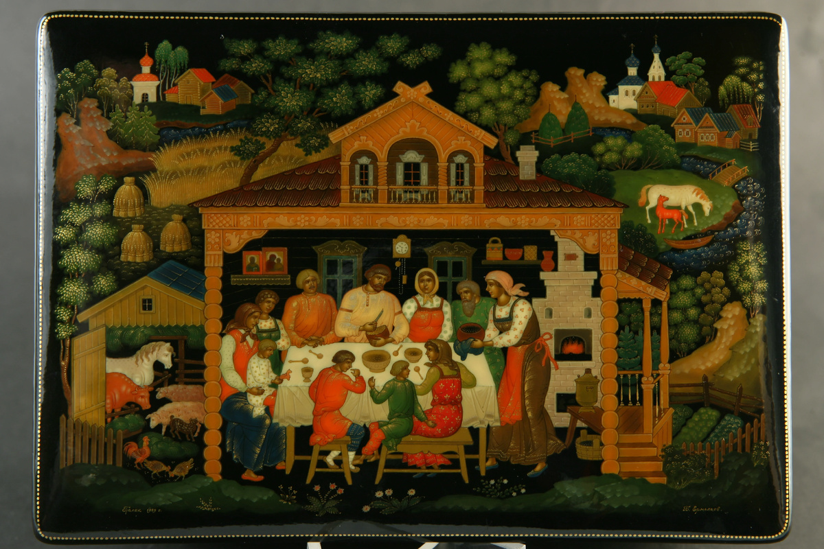 Ермолаев Борис Михайлович (1934 - 2001) Ларец «Лад». Палех. 1989 г. Из собрания ВМДПНИ
