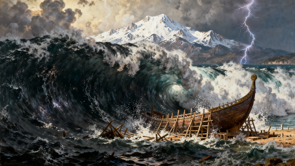 Гигантская волна накрывает корабль.