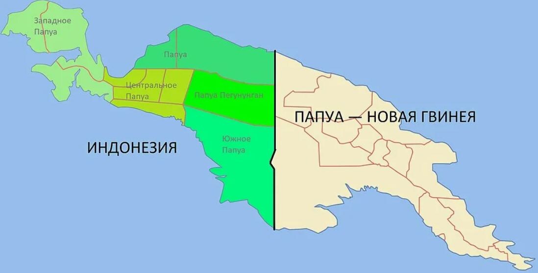Карта, показывающая биогеографическую границу, разделяющую Индонезию (Азиатскую фауну) и Новую Гвинею (Австралийскую фауну)