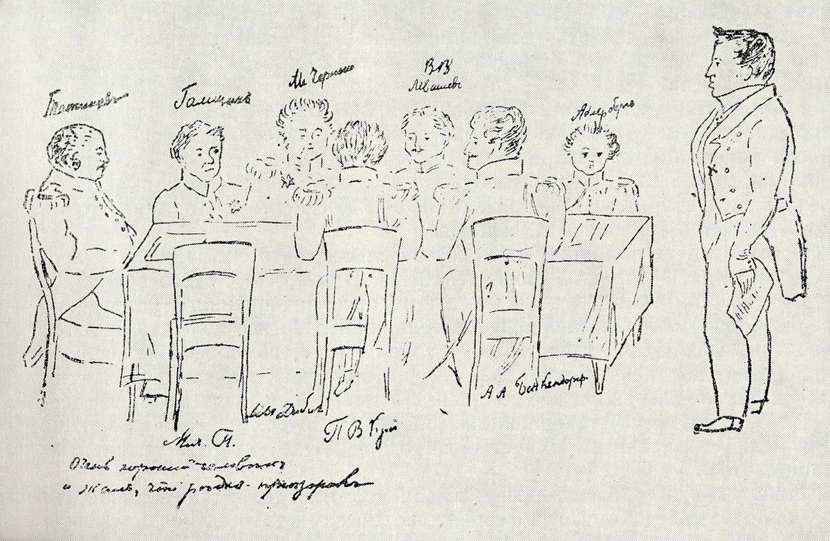 Допрос декабриста Следственным комитетом в 1826 г. Рис. В. Ф. Адлерберга. Источник arzamas.academy