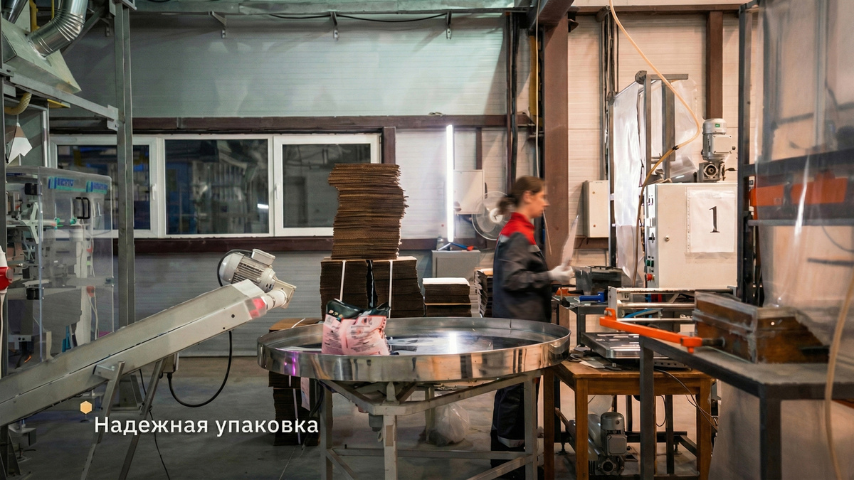 Слева дозировочно-упаковочный автомат. Формирует пакеты с ручками из рулона пленки.