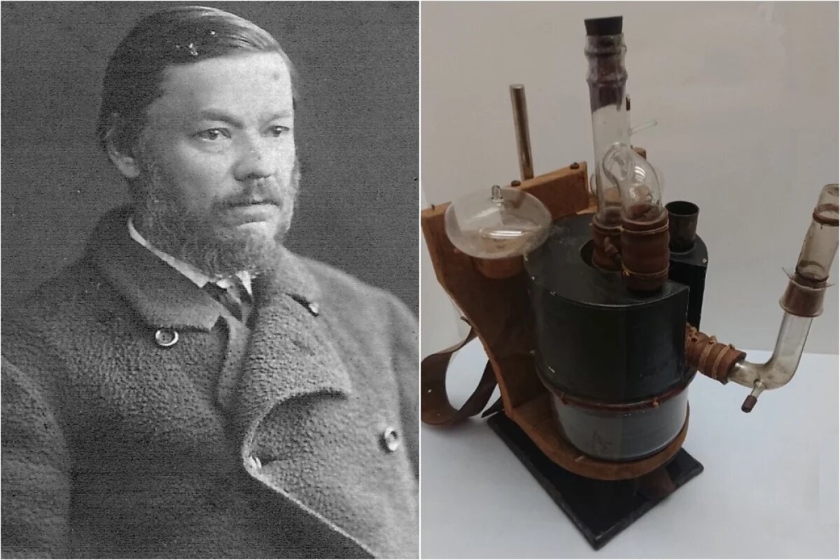    Иван Михайлович Сеченов и портативный газоанализатор его конструкции. Москва, 1890-е гг.