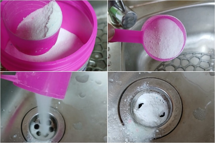 Я не жалела порошка, насыпала так, пока он не стал хорошо заметен сверху. Коллаж из фото автора. И если есть время, то лучше увеличить его и подождать подольше, пока порошок работает. Коллаж из фото автора.