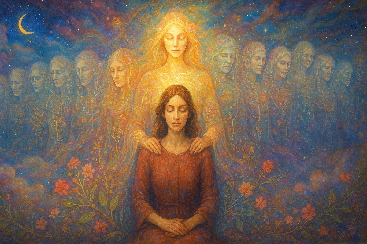 Сияющая Мать Рода и длинная цепочка предков-женщин, показывающая, как женская родовая линия и родовые программы по женской линии влияют на жизнь, и как через работу с Родом, силу Рода и мягкое исцеление женской родовой линии можно вернуть себе поддержку и принятие.