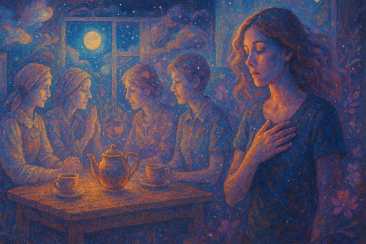 Тёплая ночная кухня во сне, за столом — женщины Рода, в их шёпоте прячется материнская рана, старые родовые травмы по материнской линии и негативные родовые программы, которые формируют привычные установки Рода — иллюстрация к статье про честную работу с Родом и свои границы.