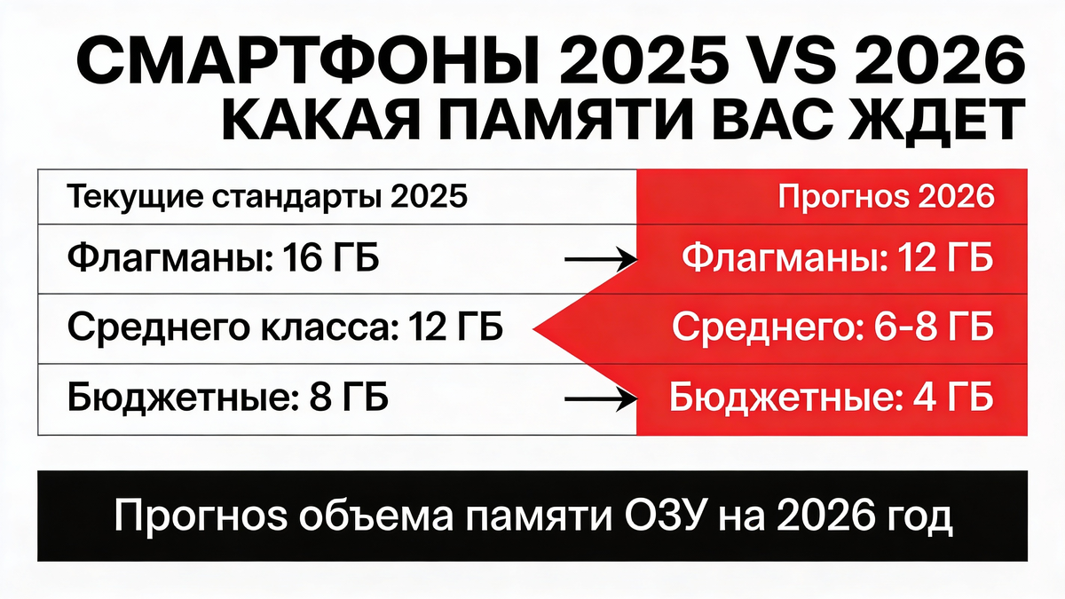 Сравнение объема памяти в смартфонах 2025 и 2026