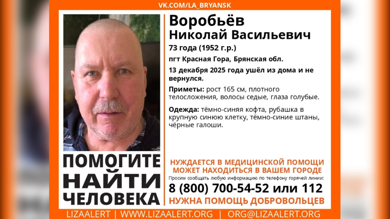 В Брянской области пропал 73-летний Николай Воробьев